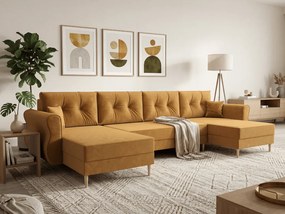 Rozkładana sofa narożna w kształcie U SILVIANO 300x140 cm, musztardowa + 2 poduszki GRATIS