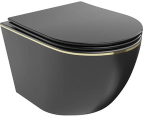 Mexen Lena miska wc Rimless z deską wolnoopadającą slim, duroplast, czarna mat/złota linia - 30224075