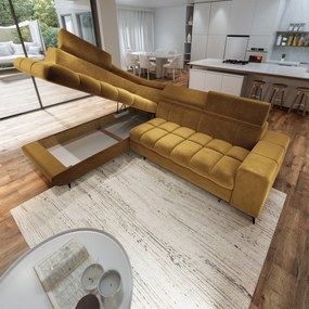 Masseno Narożnik MORIVA z funkcją spania i pojemnikiem na pościel Narozniki L, Rozkładana sofa - Żółty, MONOLITH 48