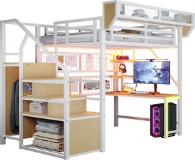 Łóżko piętrowe metalowe - 140 x 200 cm - z biurkiem + półką i siatką na rzeczy + drabinką + diodami LED + gniazdkiem elektrycznym - białe