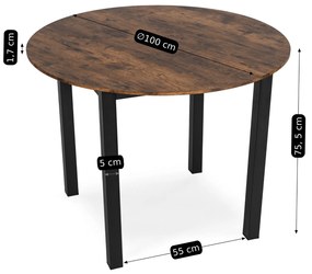 Zestaw Stół Okrągły TEO 100 cm Dąb Rustykalny/Czarny i 4 Krzesła Tapicerowane RICK 2 Czarne Nowoczesne Loft