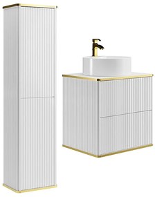 Podwieszana szafka łazienkowa prążkowana z okrągłą umywalką nablatową i słupkiem - Biały - 60 cm - KELIZA