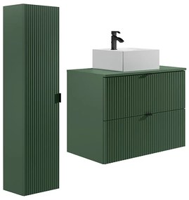 Podwieszana szafka łazienkowa prążkowana z umywalką nablatową kwadratową i słupkiem - Matowa zieleń - 80 cm - ZEVINI
