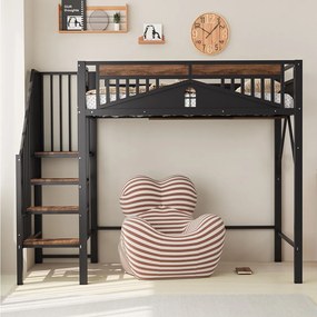 Łóżko antresolowe 90x200 cm, czarne, łóżko młodzieżowe ze schodami i barierką, metalowa rama