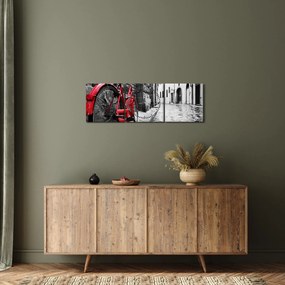 Obraz czerwonego roweru na brukowanej uliczce (z zegarem) (90x30 cm)