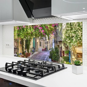 Panel Szklany do Kuchni Malownicza Uliczka w Kwiatach