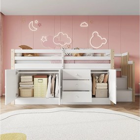 Łóżko dziecięce średniej wysokości - 90 x 200 cm - ze schodami + 3 szuflady - 2 szafy - białe