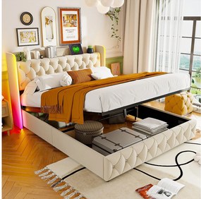 Łóżko z pojemnikiem 160x200 cm i oświetleniem LED RGB – beżowy aksamit – podnoszony stelaż z listew – zintegrowana przestrzeń do przechowywania