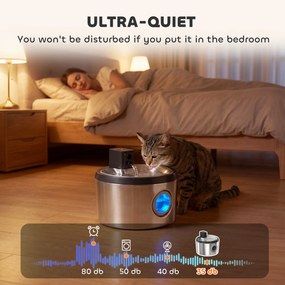 PawHut Fontanna dla kota 4L bezprzewodowa, ze stali nierdzewnej, z czujnikiem ruchu, 6 filtrami, podwójnym systemem filtracji, okienkiem LED, srebrna | Aosom PL