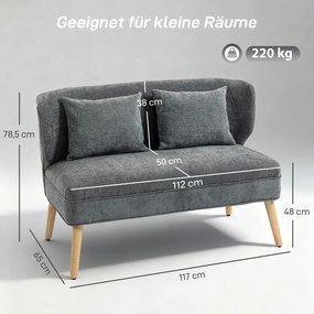 HOMCOM 2-osobowa sofa, mała sofa z chenille, oparcie skrzydłowe, grube siedzisko, nogi z drewna kauczukowego, szara | Aosom PL
