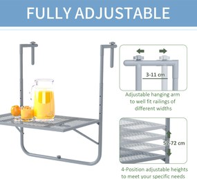 Outsunny Składany stół balkonowy, 4-stopniowo regulowany, metalowy, odporny na warunki atmosferyczne, stół balkonowy 60x40 cm szary | Aosom PL