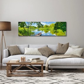 Obraz letniej rzeki z łodzią (170x50 cm)