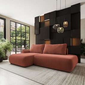 Masseno Narożnik NUVIRA z funkcją spania i pojemnikiem na pościel Narozniki L, Rozkładana sofa - Koralowy, CASTEL 55