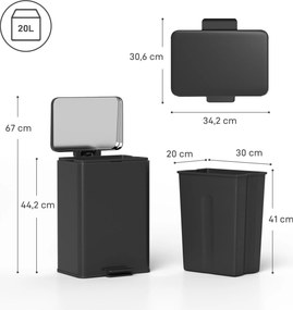 HOMCOM Kosz na śmieci 20 l z pedałem, pokrywa soft-close, wyjmowany wkład, matowa czerń, 34,2 x 30,6 x 44,2 cm | Aosom PL