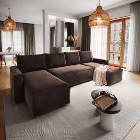 Masseno Narożnik DENI z funkcją spania i pojemnikiem na pościel Narozniki U, Rozkładana sofa - Brązowy, MONOLITH 29