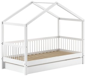 Białe łóżko dziecięce z litego drewna bukowego w kształcie domku z wysuwanym łóżkiem 90x200 cm Forrest – Vipack