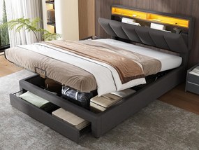 Łóżko tapicerowane 140x190cm z lnu z szufladami - zagłówek z oświetleniem LED - stelaż na listwach - Szary