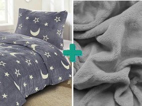PrzytulneMieszkanie.pl PrzytulneMieszkanie.pl PrzytulneMieszkanie.pl Świecąca pościel z mikropluszu BIG MOON szara + prześcieradło z mikropluszu SOFT 90x200 cm jasnoszare