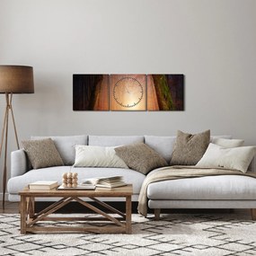 Obraz jesiennego lasu we mgle (z zegarem) (90x30 cm)