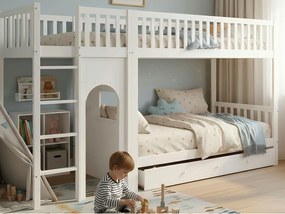 Łóżko piętrowe dziecięce 90x200 cm - z 1 dużą szufladą - z 4-stopniową drabiną - drewno lite + MDF - biały​ (bez materaca)