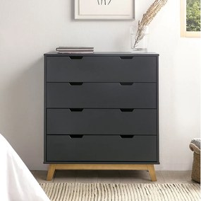 Komoda Colummn Miranda z 4 szufladami w kolorze antracytowym, nóżki z naturalnego drewna.