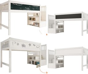 Łóżko piętrowe 90x200 cm - łóżko dziecięce z drabinką i deską do rysowania - barierka - białe - bez materaca