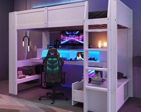 Łóżko piętrowe 90×200 cm - z biurkiem - z oświetleniem LED - z 1 szufladą - z półką - białe (bez materaca)