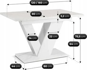 Stół Prostokątny Rozkładany CLARK 120-160 cm Biały Marmur Glamour