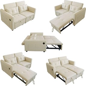 Sofa 2-osobowa rozkładana w tkaninie lnianej z regulowanym oparciem i portem USB, rozkładana sofa - 142 x 85 x 83 cm - Funkcja spania - Beżowa