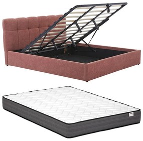 Łóżko ze skrzynią 180 x 200 cm - Tkanina z bukli - Terakota + Materac - MAZIRI