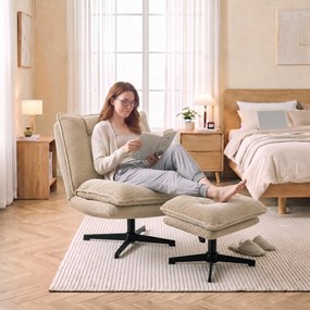 HOMCOM Fotel lounge z pufą, 360° obrotowy, tapicerka sztruksowa, regulowana podpórka pod stopy, beżowy | Aosom PL