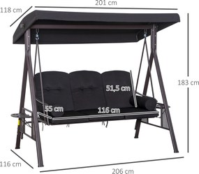 Outsunny 3-osobowa huśtawka z dachem huśtawka ogrodowa z dachem przeciwsłonecznym poduszka metal poliester czarna, 116 x 206 x 183 cm