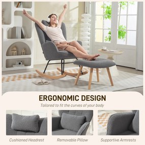 HOMCOM Fotel bujany z podnóżkiem, miękkie pokrycie polarowe, drewniane nogi, poduszka, wysokie oparcie, fotel bujany, ciemnoszary