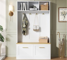 Nowoczesna szafa na ubrania 105x40x180cm - z 2 drzwiami - z szafą na buty i wieszakami - otwarte półki - Biały + Naturalny