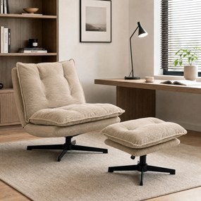 HOMCOM Fotel lounge z pufą, 360° obrotowy, tapicerka sztruksowa, regulowana podpórka pod stopy, beżowy | Aosom PL