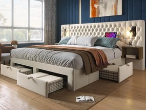 Łóżko dwuosobowe z weluru 160x200 cm - z 2 szafkami nocnymi i 4 szufladami - 2 lampki do czytania z gniazdem USB - Beżowe (materac nie jest w zestawie)