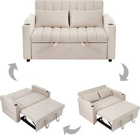 Sofa rozkładana - 100 x 160 cm - podwójna z regulowanym oparciem + z drzwiczkami + kubek i poduszki - beżowa