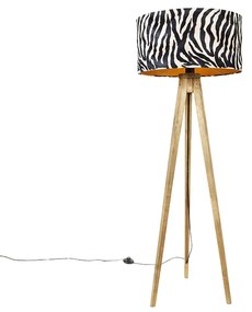 Vintage lampa podłogowa drewniany abażur wzór zebry 50 cm - Tripod Classic Rustykalny / Vintage Oswietlenie wewnetrzne