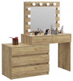 Narożna duża toaletka z lustrem i oświetleniem led dąb craft T9-A45