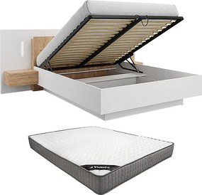 Łóżko ze skrzynią i szafkami nocnymi 160 x 200 cm - 2 szuflady - Z oświetleniem LED - Kolor: Biały i naturalny + Materac - FRANCOLI