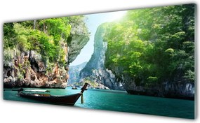 Szkło do Kuchni na Ścianę Łódka Na Górskim Jeziorem