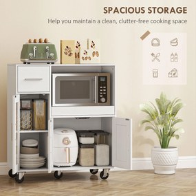 HOMCOM Szafka kuchenna na kółkach, mobilna komoda kuchenna z półkami, szufladami, regulowaną półką, otworem na kabel, biały