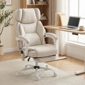 HOMCOM Wysokie krzesło biurowe z masażem wibracyjnym i podgrzewaniem, ergonomiczne, regulowane, z podnóżkiem, kremowobiały | Aosom PL