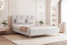 BESILIO Łóżko na złotych nogach 160x200 Monti II - Łóżko slim, ozdobne poduszki ściągane, metalowe nogi, ze stelażem i pojemnikiem na pościel- Jasnoszary