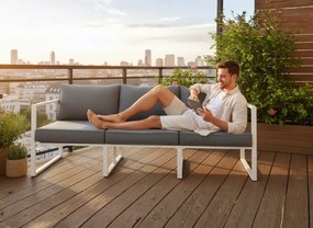 Aluminiowa sofa ogrodowa Marinel z poduszkami na oparciu i siedzisku w kolorze szarym