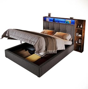 Łóżko tapicerowane z pojemnikiem - 90 x 200 cm - z portem USB, oświetleniem LED, zagłówkiem i półką - len - szary