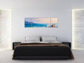 Obraz fal uderzających w klify, obraz olejny (170x50 cm)