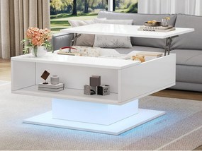 Podnoszony stolik kawowy 80x77x40 cm - Design wysokopółbłyszczący - Z oświetleniem LED - Półotwarte miejsce do przechowywania - Biały