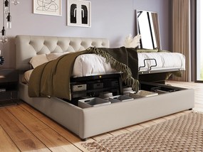 Łóżko ze schowkiem i schowkiem - 160 x 200 cm - tkanina lniana - stelaż z listew - kolor naturalny