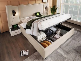 Łóżko do przechowywania 180x200cm z lnu - z lampką do czytania i funkcją ładowania - z stelażem na listwy - Beżowe